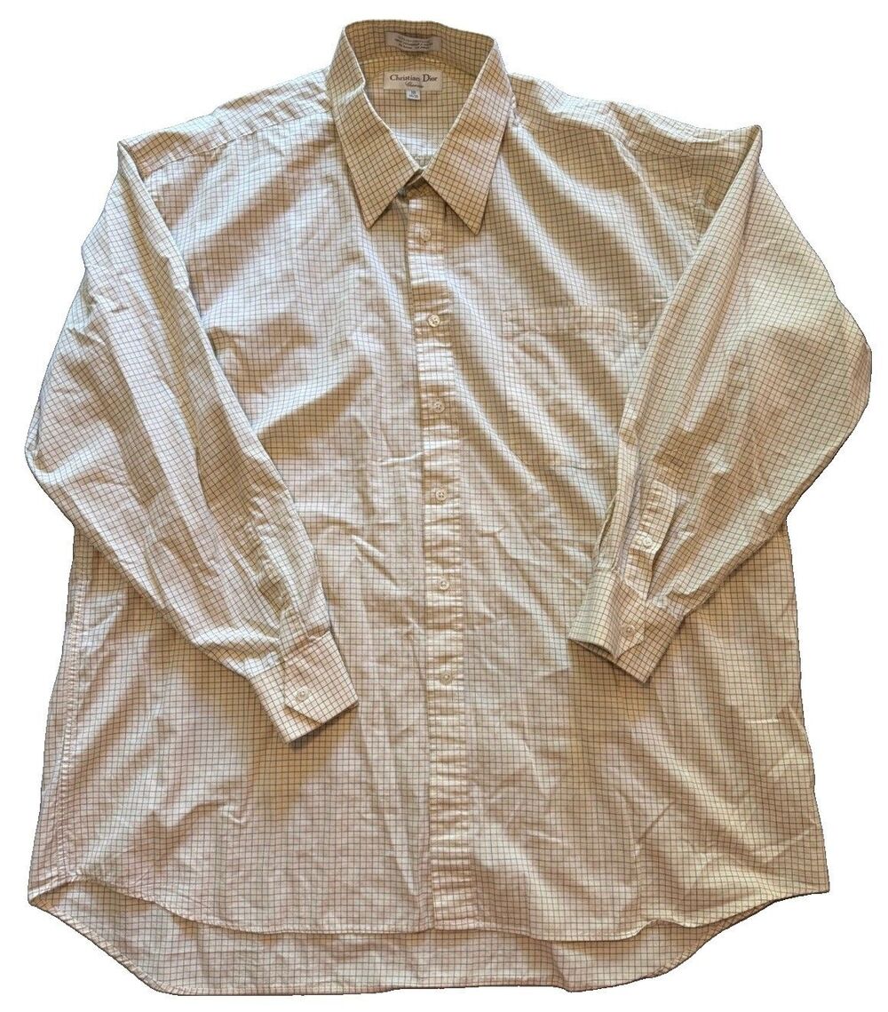 Vintage Christian Dior Shirt Mens 18 34/35 2XL Cream Brown Plaid Dress Chemise